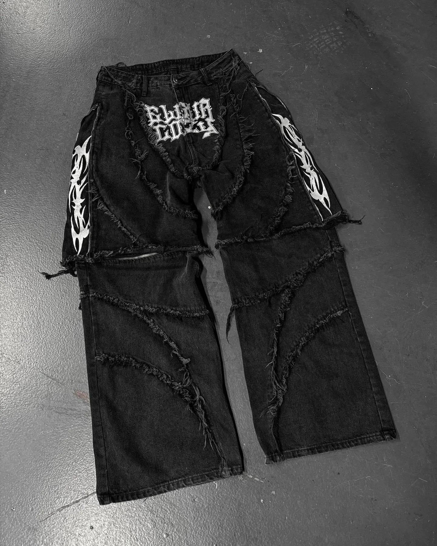 Elixir X Cozy 可拆卸牛仔褲復古龐克街頭拉鍊拼布條紋牛仔褲男士黑色寬鬆嘻哈拼接牛仔褲