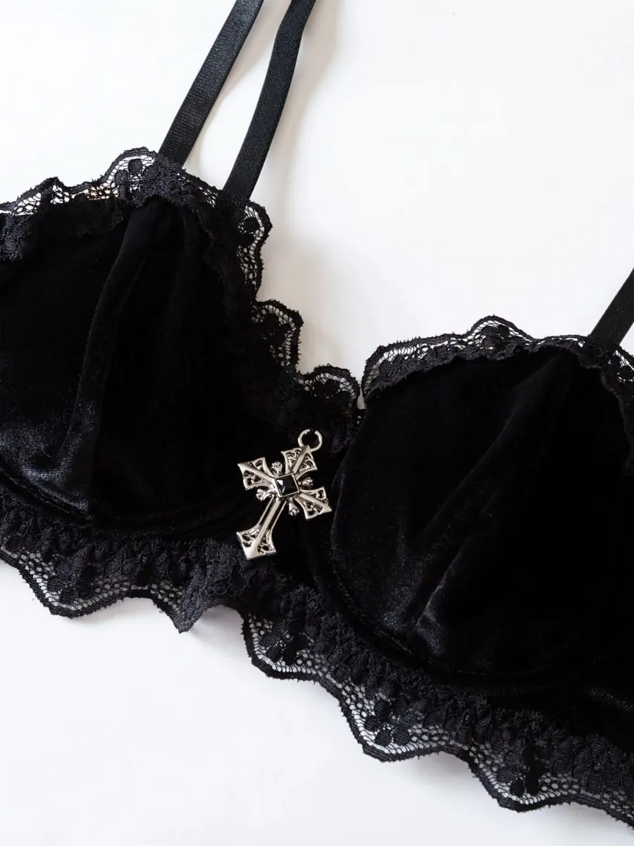 Conjunto de lingerie de renda preta com alça ajustável inspirada no vintage, roupa íntima gótica para feminilidade ousada