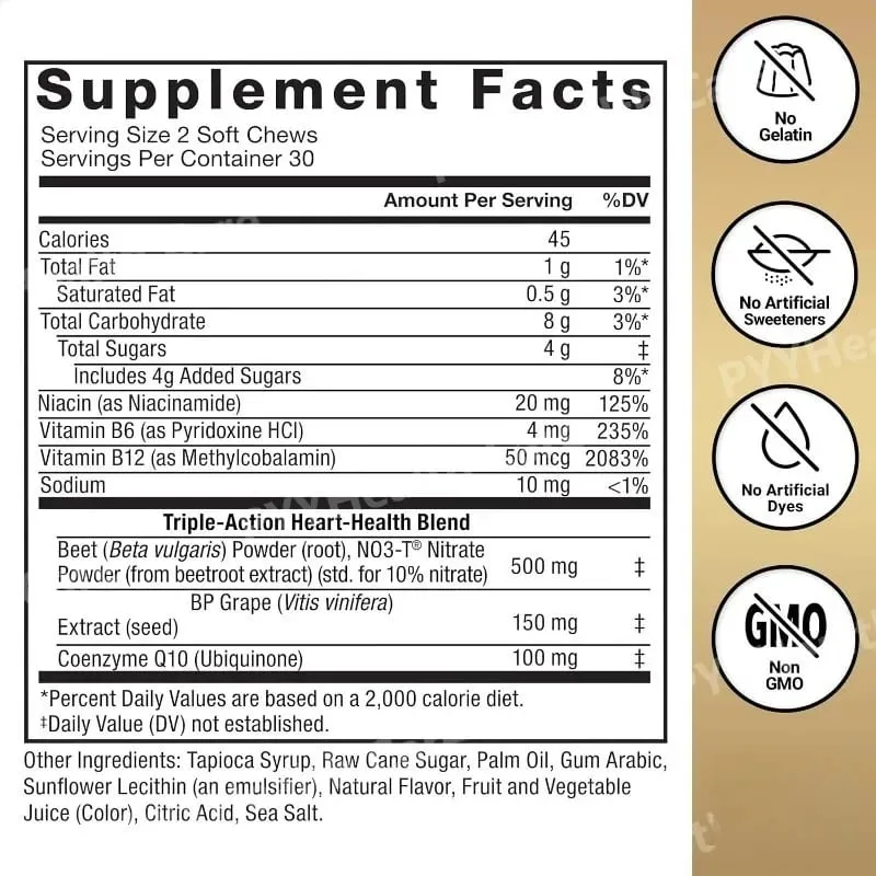 Beetroot Gummies with CoQ10 B Vitamins Grape Seed Extract Plant-Based Soft Chews Daily Energy Supplement