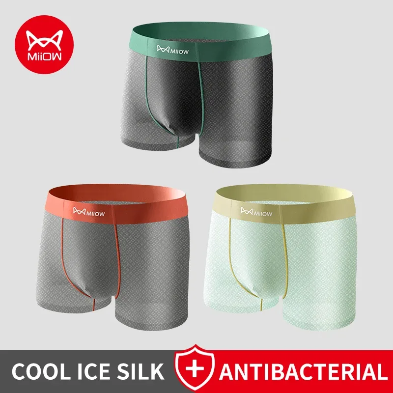 MiiOW 3Pcs Cool Ice Silk Men Underwear Boxers 7A Antibacterial Men's Panties Seamless Mesh Breathable Mens Underpants Man Boxers