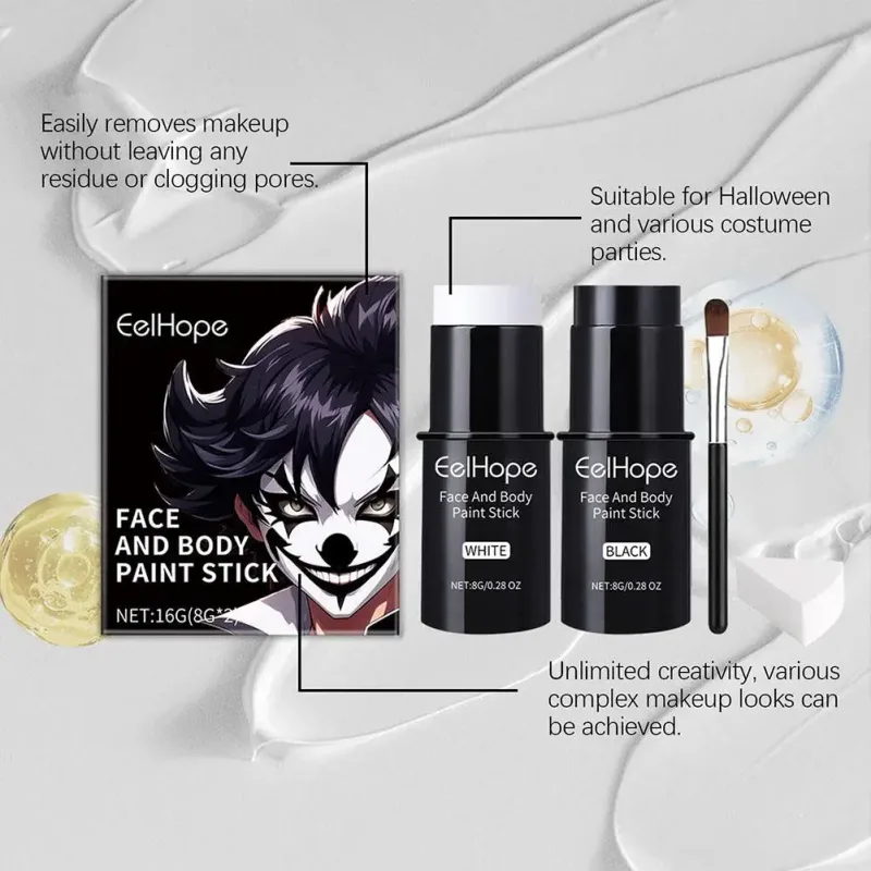 Kit de pintura corporal facial preta e branca, base de longa duração, à prova d'água, esqueleto de halloween, cosplay, ferramenta de maquiagem corporal 2026