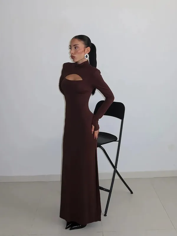 Ahagaga sexy bainha vestidos maxi femininos sólido gola alta regular mangas compridas oco para fora magro ajuste bodycon festa vestidos robes