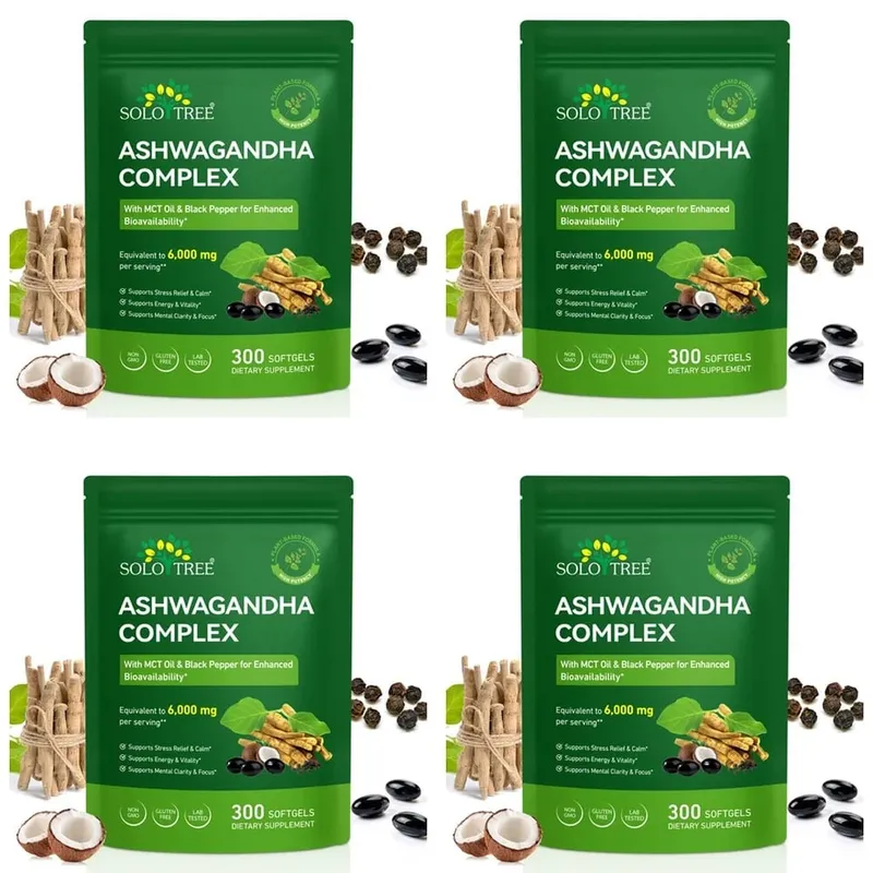 Solo Tree Ashwagandha Complex Softgels Suporta Alívio do Estresse Calma Clareza Mental Foco com Óleo MCT e Pimenta Preta 300 Softgels