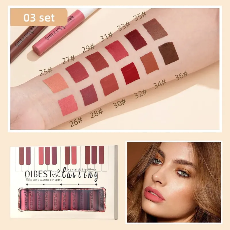 Conjunto de brilho labial fosco, 12 cores, à prova d'água, duradouro, batom líquido, veludo, nude, vermelho, matiz, nutrição, batom antiaderente