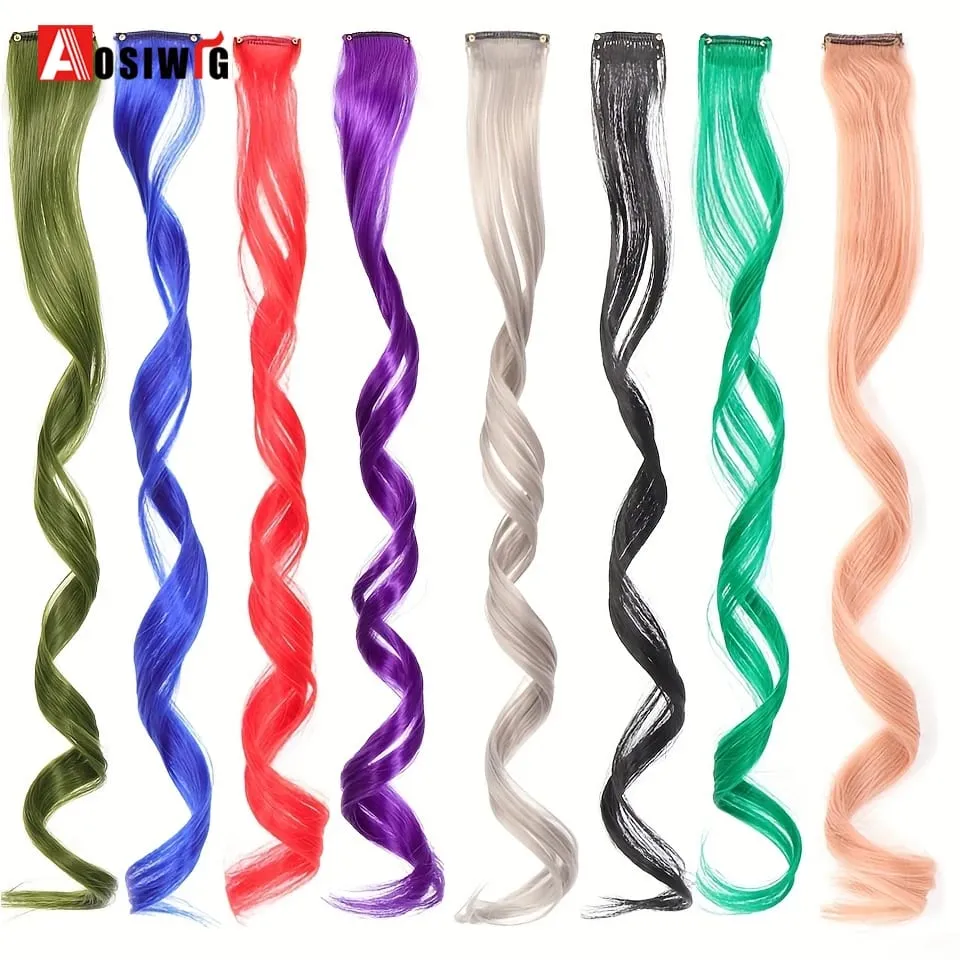 22 "sintético longo reto arco-íris destaque extensões de cabelo colorido clipe em uma peça ombre rosa roxo verde amarelo para wome