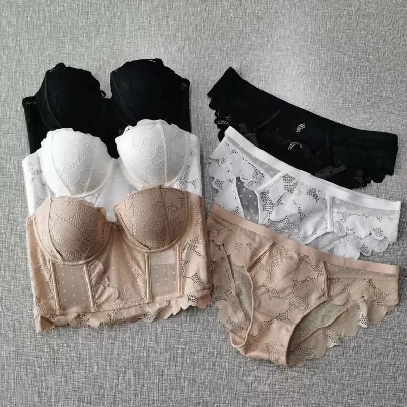 Malha renda push up meia xícara conjunto de sutiã roupa interior com alças removíveis 7 breasted broadside forma sutiã feminino bela lingerie sexy