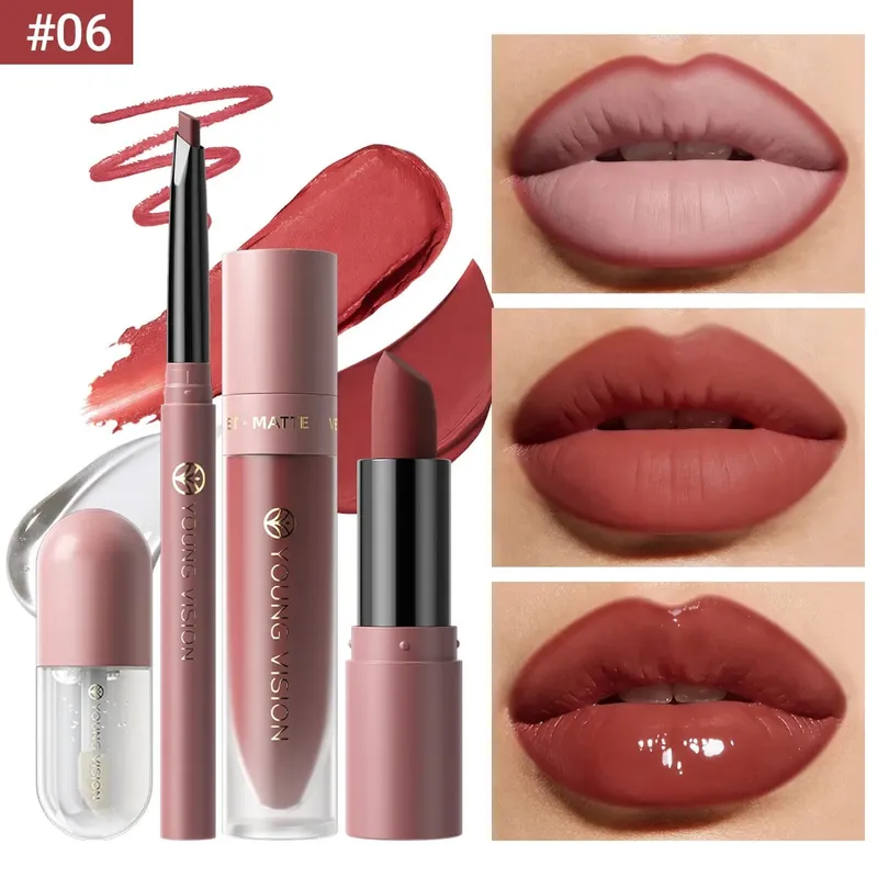 Conjunto de 4 unidades kit de maquiagem labial forro batom líquido óleo labial 8 cores opcionais fosco veludo labial para maquiagem diária de festa — image 11