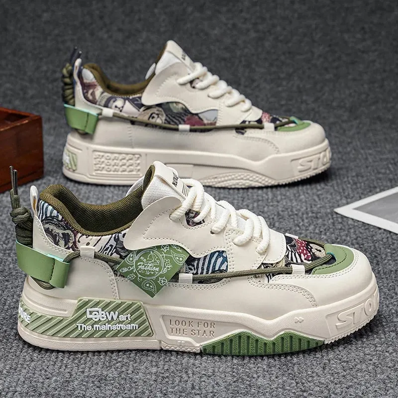 Sapatos de skate masculinos [design aleatório de padrão de grafite] tênis respirável de cano baixo com padrão de letras e design leve e leve