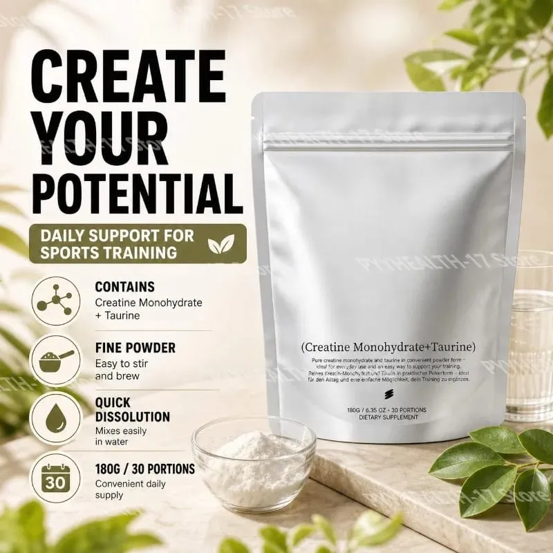 Suplemento de pó fino de taurina monohidratada de creatina, suporte diário para treinamento esportivo masculino e feminino, 180g, fornecimento para 30 dias