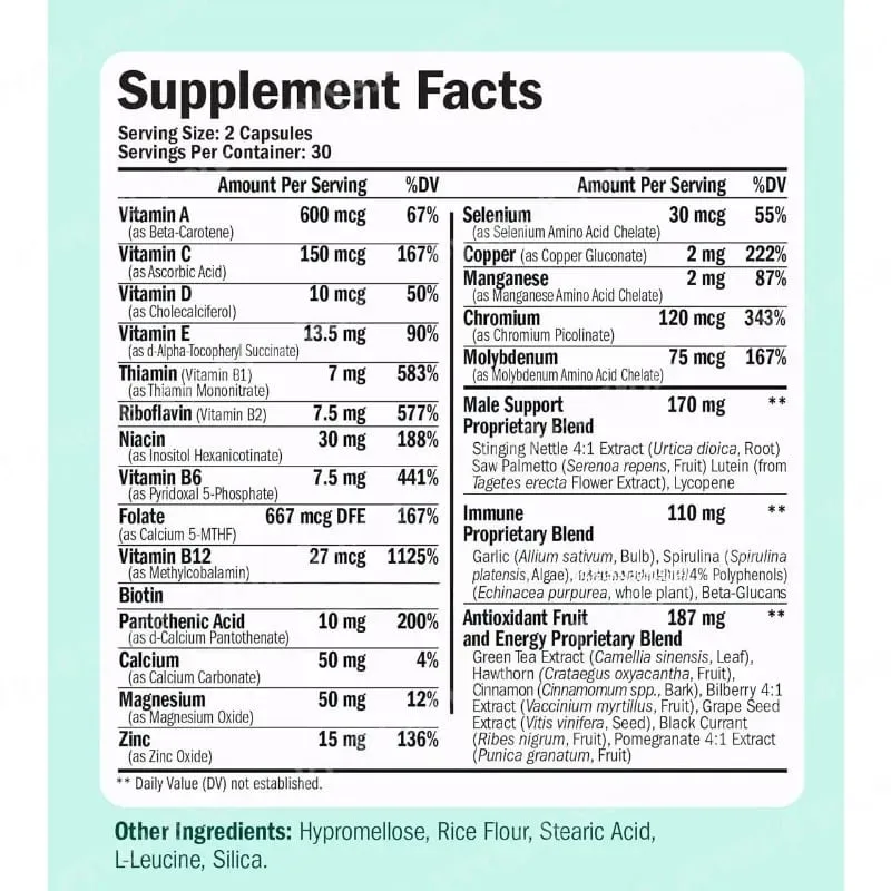 Cápsula multivitamínica para homens, suporte para saúde imunológica, contém vitaminas metiladas e minerais quelados, fornece energia corporal 60 contagens