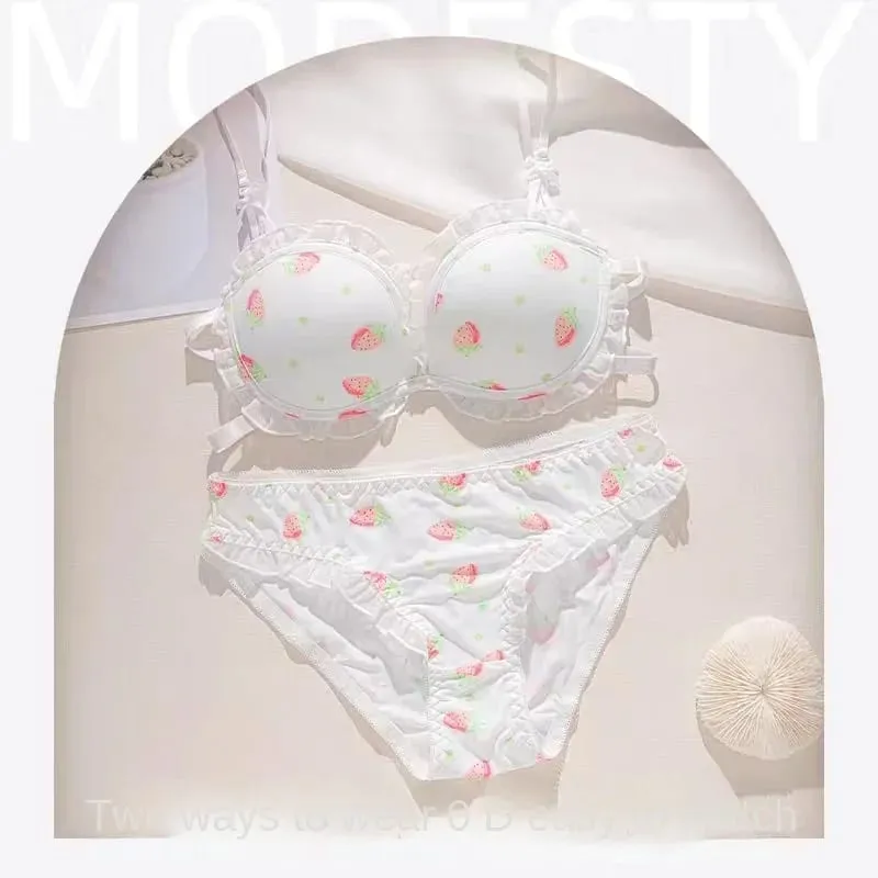 Strawberry 100% Lolita Collection Small Breasts Thin Cartoon Print Underwear Without Wire Back Pure Desire Bra Cover