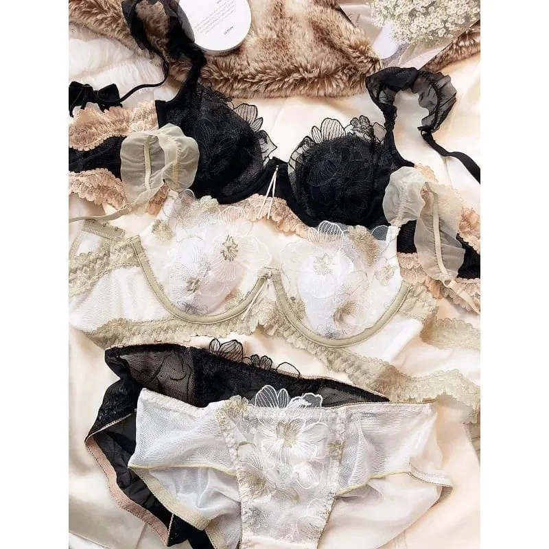 Francês elegante bordado renda minimizador sutiã suporte macio underwire coelho orelha copo sexy lingerie pura conjunto grande busto S-XL tushy