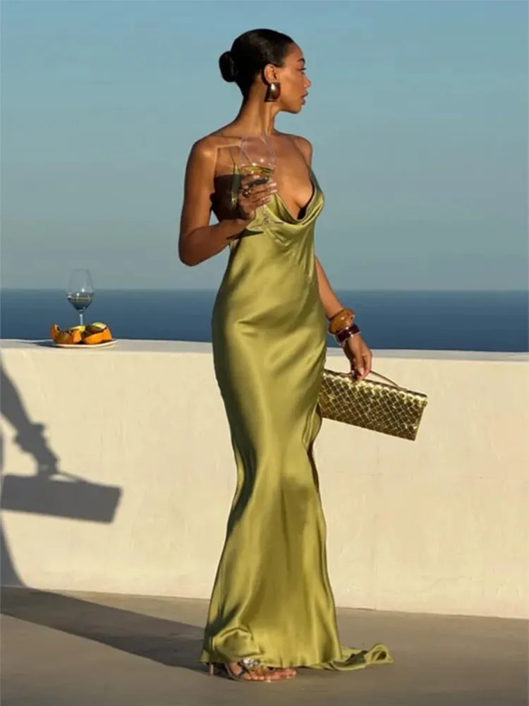 Solid Thin Spaghetti Strap Cowl Neck Slip Long Dress Women Sleeveless High Slit Slim Fitted Evening Gowns Elegant Party Outfit
