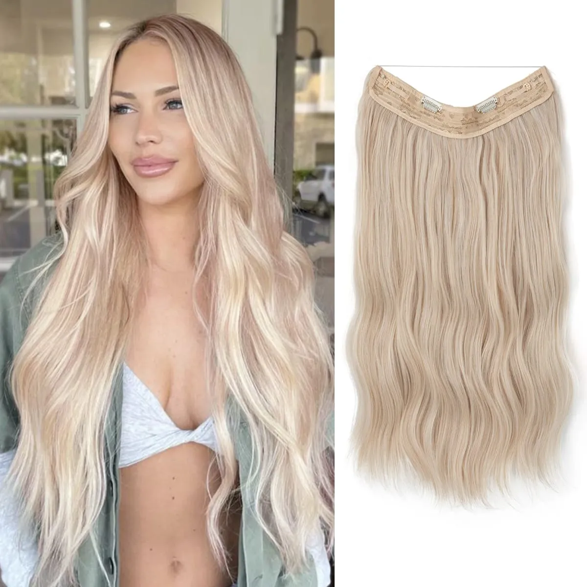 Fio invisível ondulado sintético com clipes, extensão de cabelo, linha de peixe, loiro natural, clipe em peça de cabelo falso