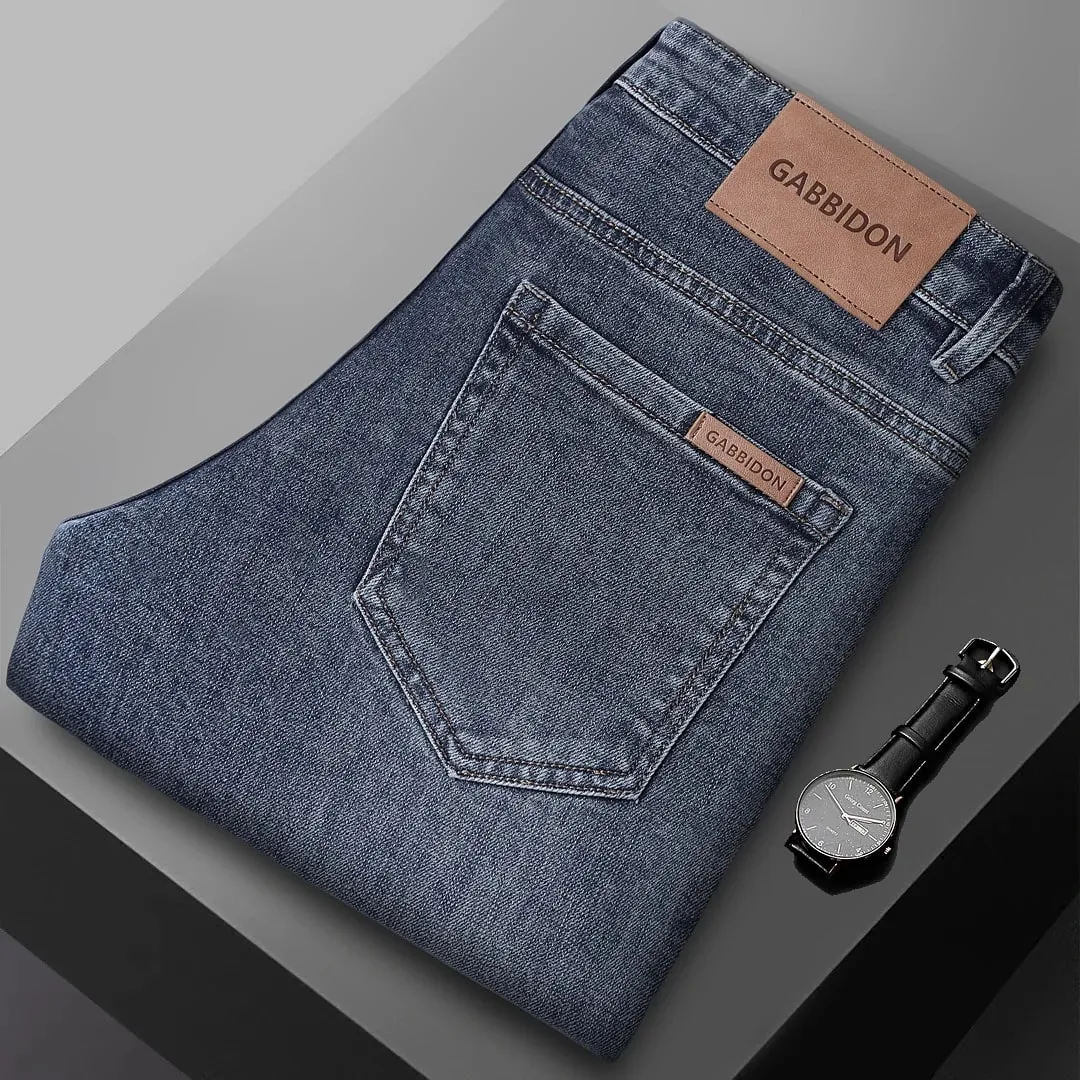 Spring New Men's Straight Jeans Comfortable Elastic Casual Business Work Trousers Retro Blue Fashion Fit Washed Denim Pants