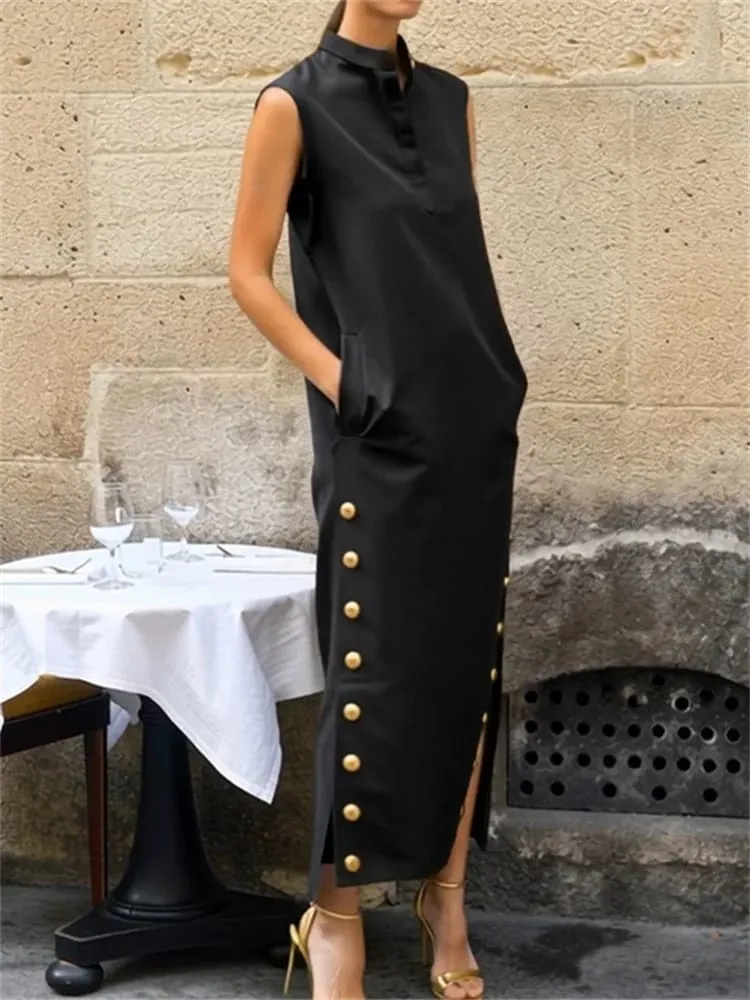 Yeezzi moda feminina split-side abotoado gola vestidos de noite 2026 nova sem mangas cor sólida linha h camisas casuais vestido