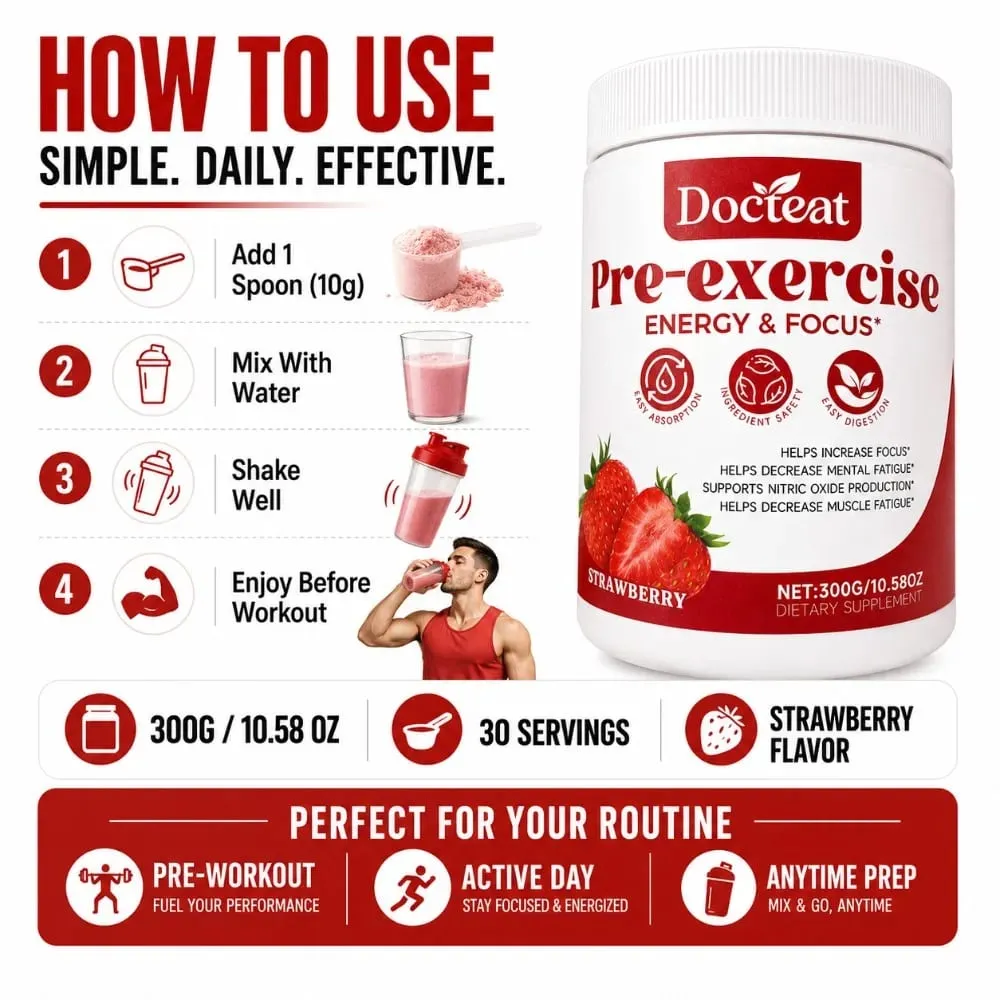 Docteat Pre Workout Powder Strawberry Energy & Focus Support Beta-Alanine L-Citrulline Rhodiola 300g 30 Servings Drink Mix