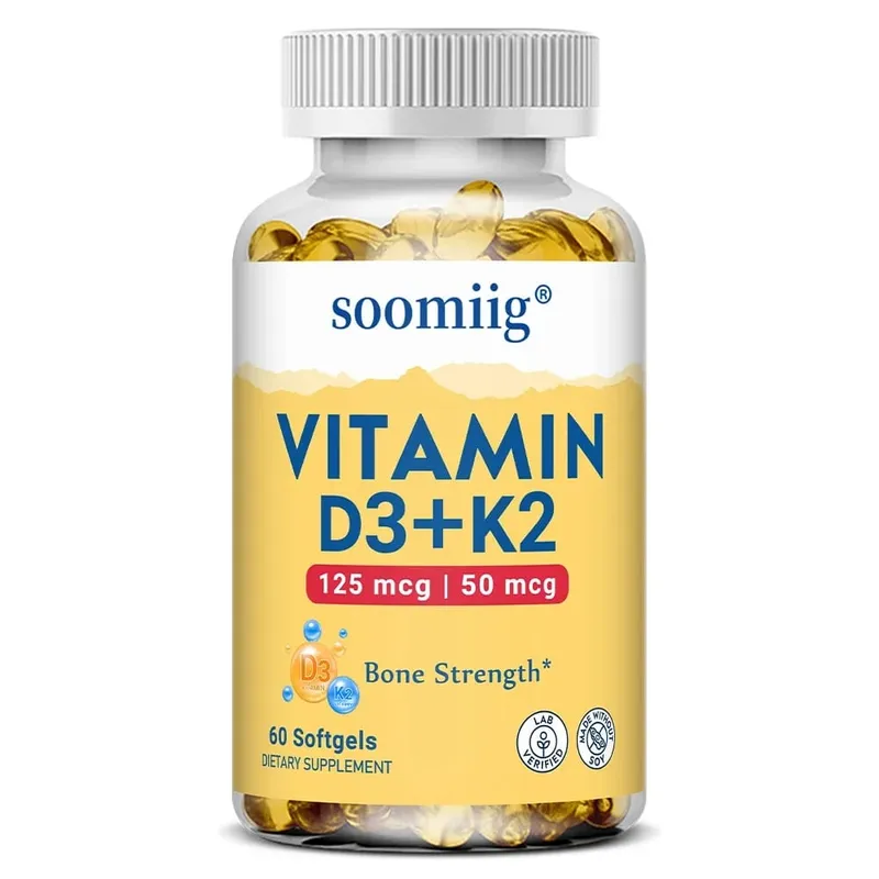 Cápsulas de vitamina D3 + K2 5000IU 120pcs Suplemento vegano de suporte ósseo e imunológico para precisão óssea e saúde geral