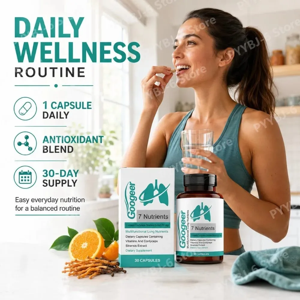 Googeer 7 Nutrientes Cápsulas de Nutrição Pulmonar com Extrato de Cordyceps Sinensis e Vitaminas Suplemento Diário de Bem-Estar Respiratório 30Ct