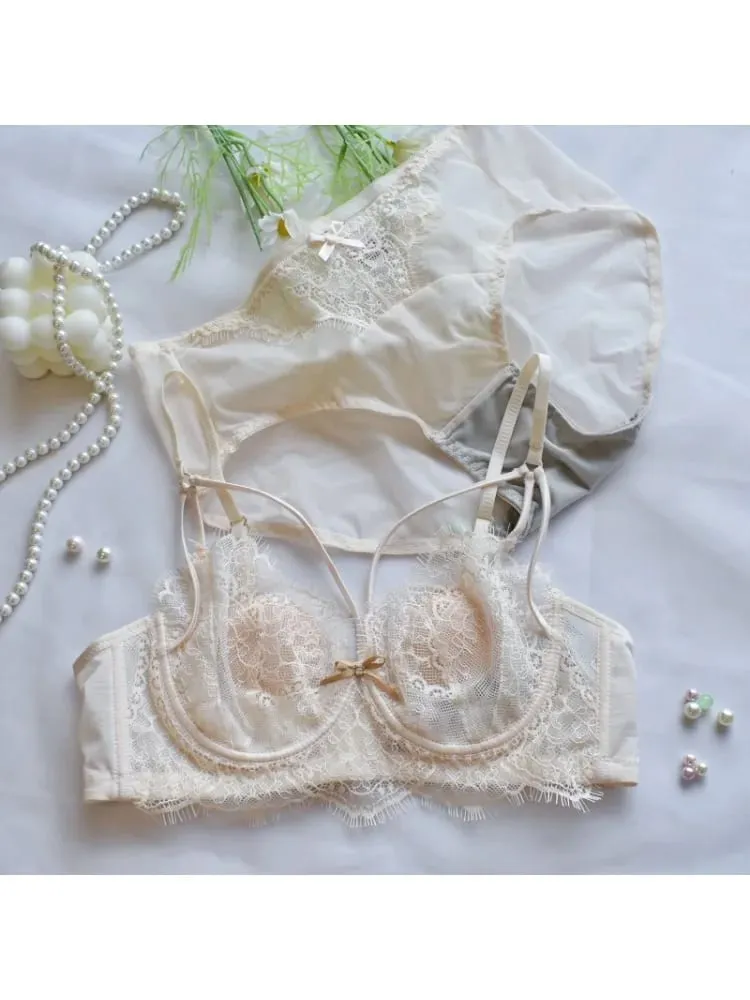Coreano tendência quente puro desejo conjunto de sutiã de renda underwire copo fino push up grande busto visualmente pequeno anti droop lingerie 32-38 quente — image 4