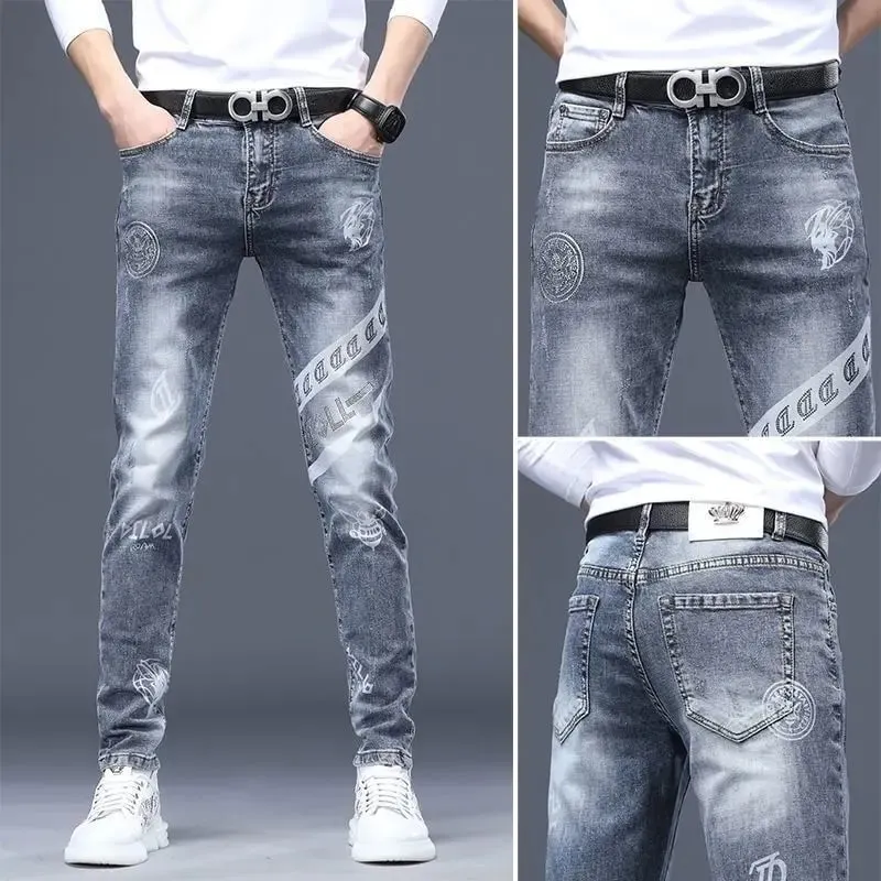 High End Elegante Clássico Distintivo Impresso Preto Stretch Denim Jeans para Homens de Alta Qualidade Slim Fit Stretch Calças Jeans de Luxo