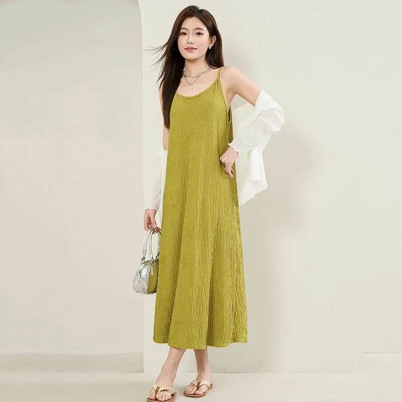 Mulheres vestido de alça espaguete 2026 verão cor sólida solto longo praia vestido de verão lasy elegante sem mangas festa à noite midi vestidos