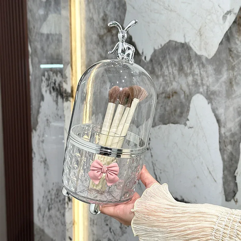 Organizador de pincéis de maquiagem rotativo 360 °, plástico transparente, à prova de poeira, caixa de armazenamento de ferramentas cosméticas para organizador, batom, pincéis de maquiagem