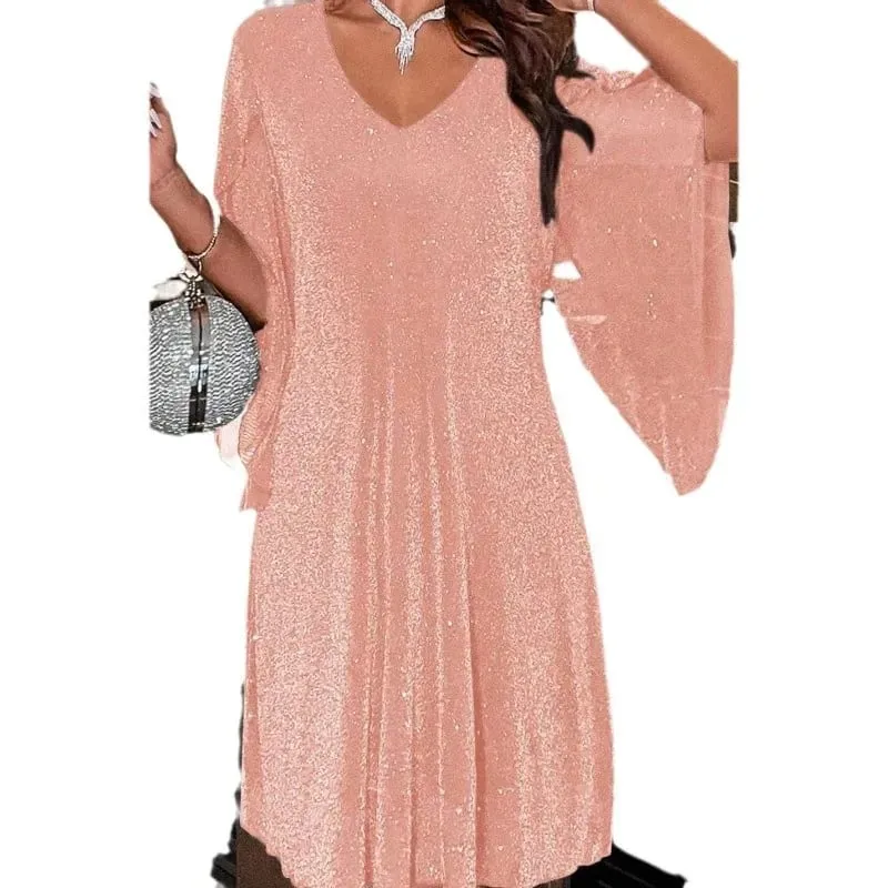 Bright Sequin Dresses Women V-neck See Through Chiffon Patchwork Irregular Half Sleeves Loose Mini Dress Female Vestidos 2024