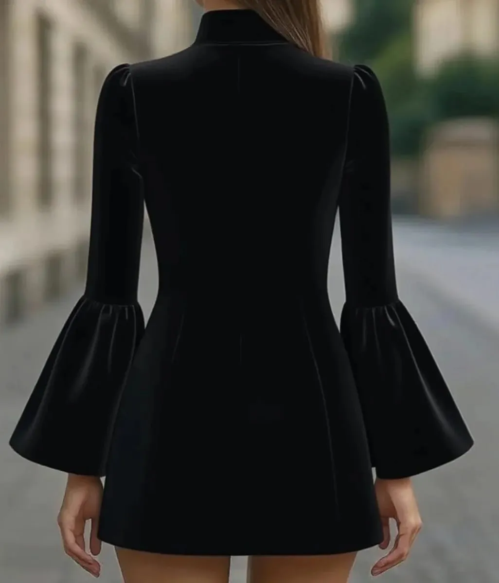 Autumn temperament slim solid colour stand-up collar flared sleeve single-breasted suit dress