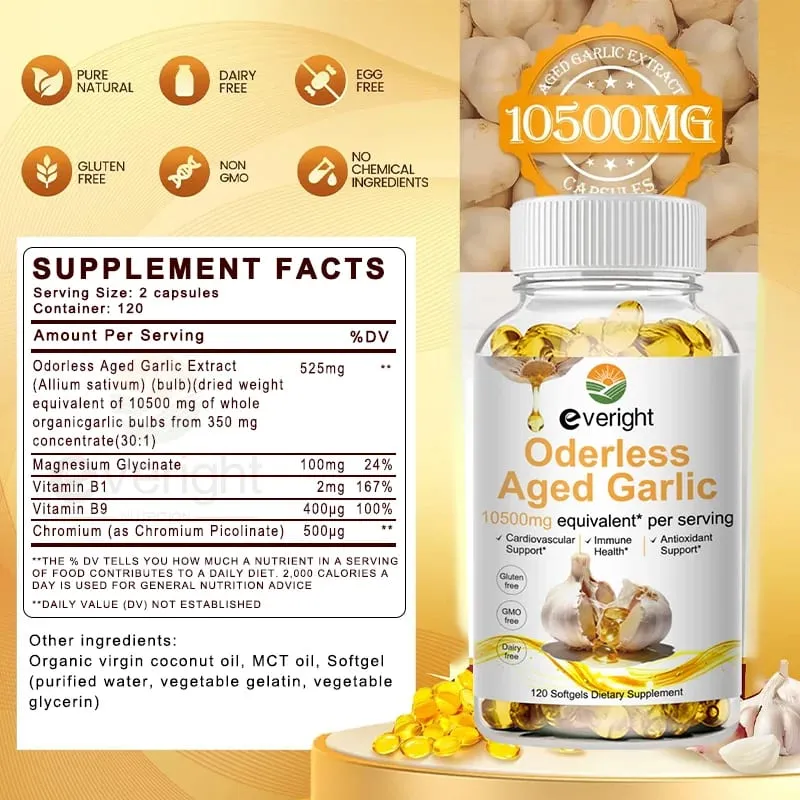 Cápsulas de extrato de alho envelhecidas inodoras com magnésio cromo B1 e B9 suportam suplemento de saúde cardiovascular para coração imunológico