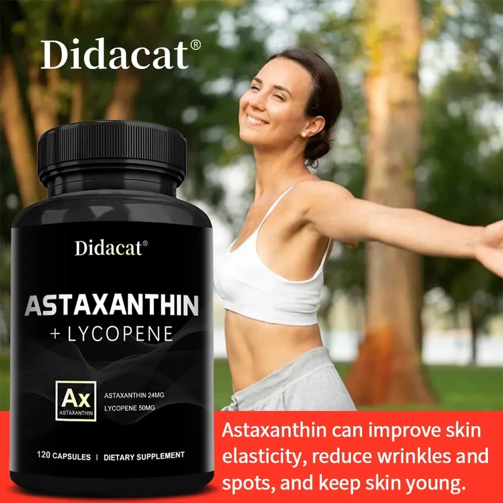 Astaxantina 24 mg + licopeno 50 mg antioxidante natural de microalgas suplemento de astaxantina apoia a saúde da pele dos olhos não-OGM