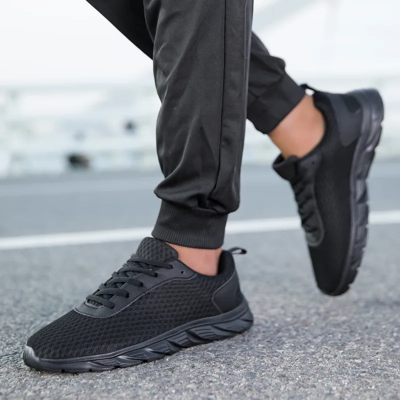 Sólido preto masculino sapatos atléticos oco malha superior antiderrapante luz sola jogging treinamento casual viagem diária esporte ao ar livre footwea