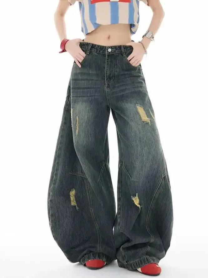 Calças de brim de perna curvada estilo retro unissex ajuste relaxado retalhos macio durável feminino masculino versátil lavado calças de perna larga
