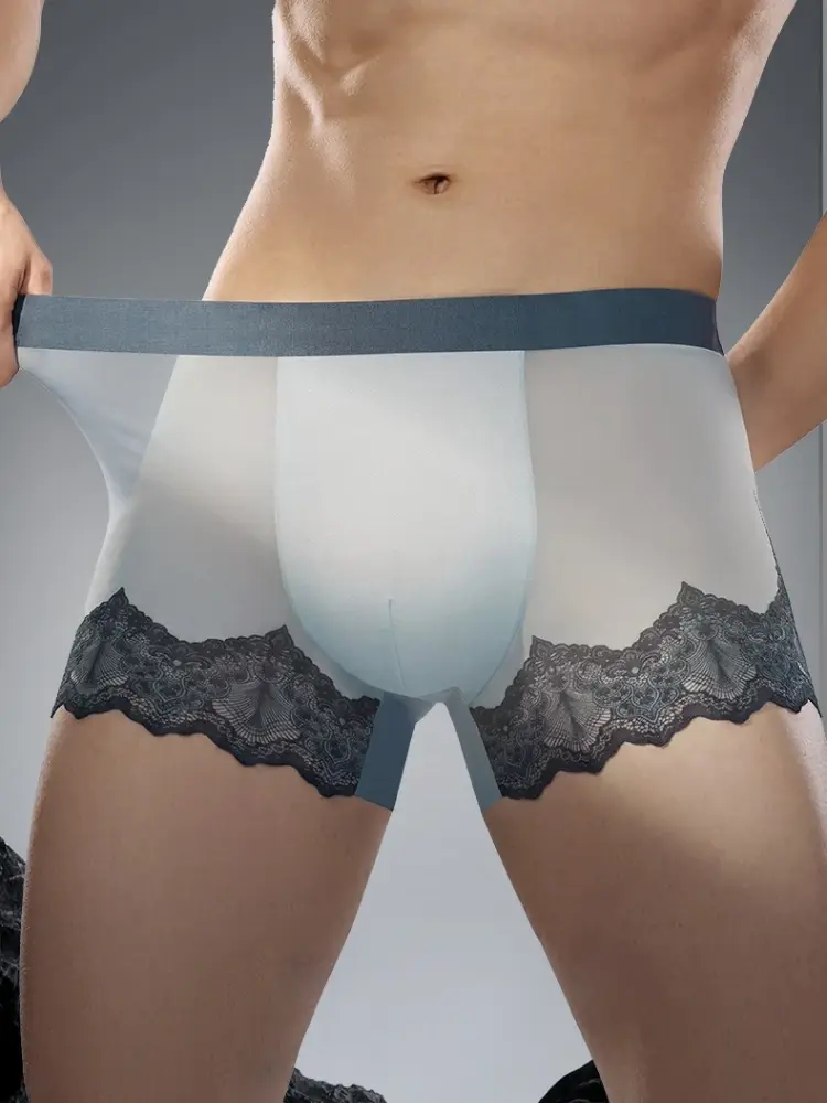 Homens rendas malha retalhos roupa interior verão ultra fino respirável boxer shorts sexy bulge bolsa calcinha ver através do tronco
