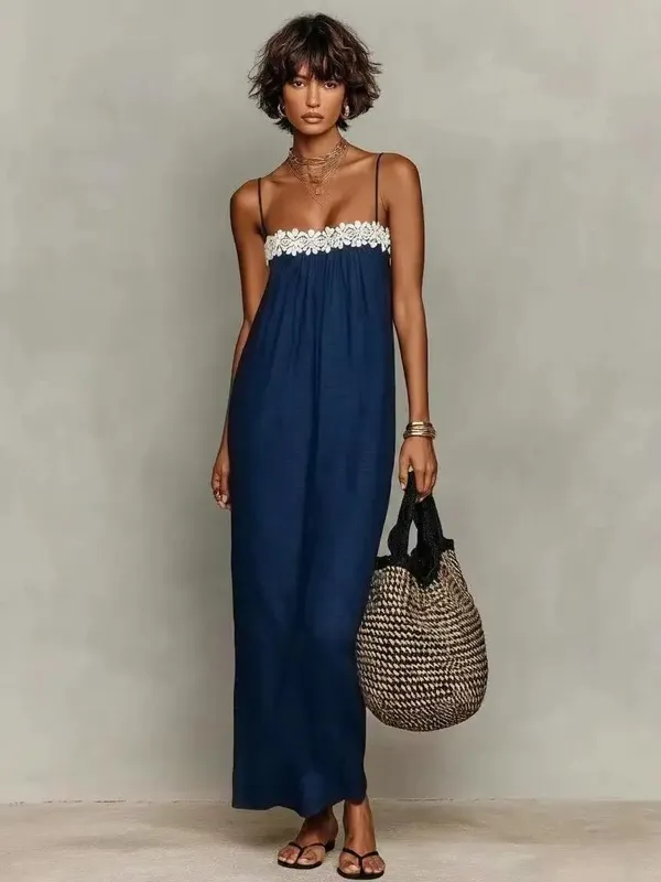 Vestido maxi boho feminino de verão, alça espaguete, renda, patchwork, praia solta, casual, férias, vestidos longos