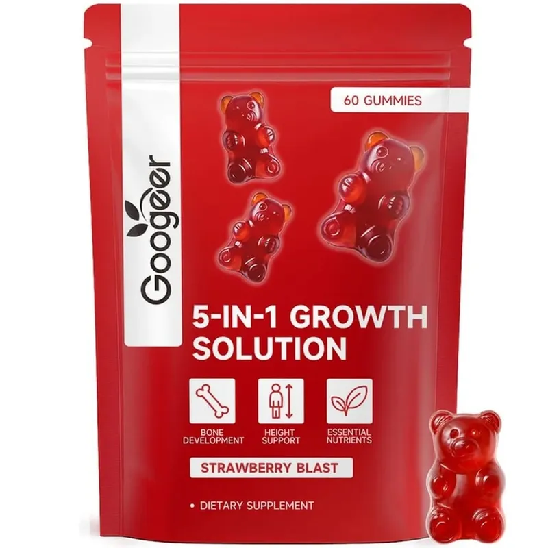 Googeer 5 em 1 solução de crescimento gomas para desenvolvimento ósseo e suporte de altura vitamina D3 K2 cálcio morango explosão 60 gomas