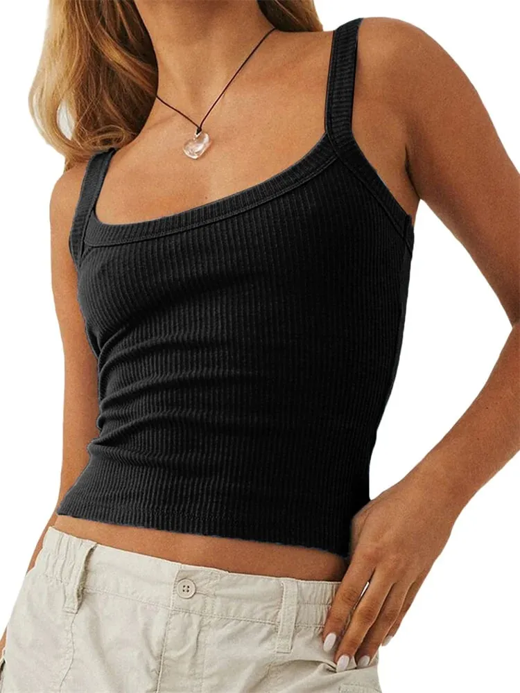 Women´s Solid Color Tank Tops Basic Vest Ribbed Sleeveless U Neck Slim Fit Cropped Tops — image 5