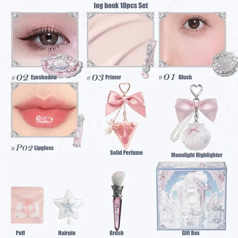 Conjunto completo de maquiagem flor sabe, conjunto completo de cosméticos com conchas de pérola, brilho labial, blush para bochecha, iluminador, caixa de presente, kit de maquiagem