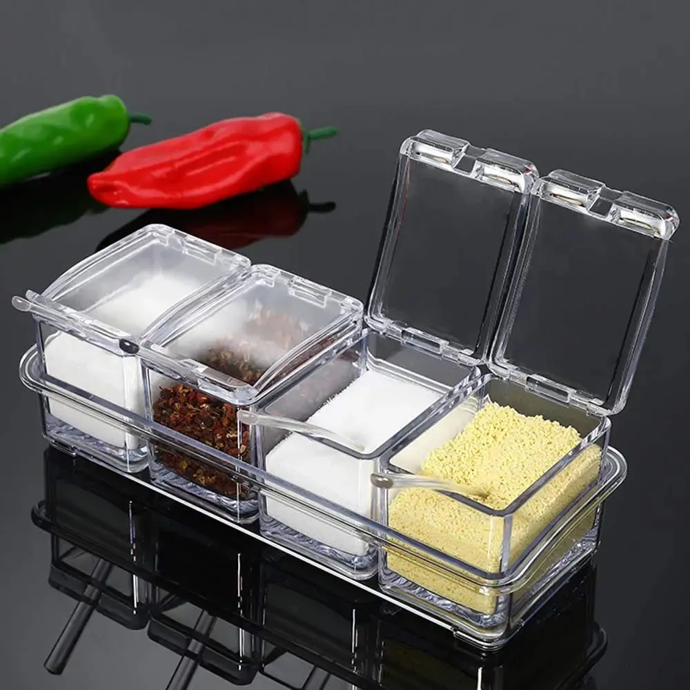 Acessórios de cozinha gourmet caixa de tempero acrílico com 4 colheres de servir conjunto frasco de especiarias condimento garrafa cruet suprimentos de cozinha