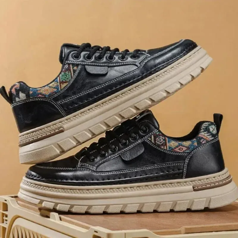 Sapatos casuais masculinos primavera verão sola grossa tênis de textura lisa gola tecida com cadarço calçado confortável