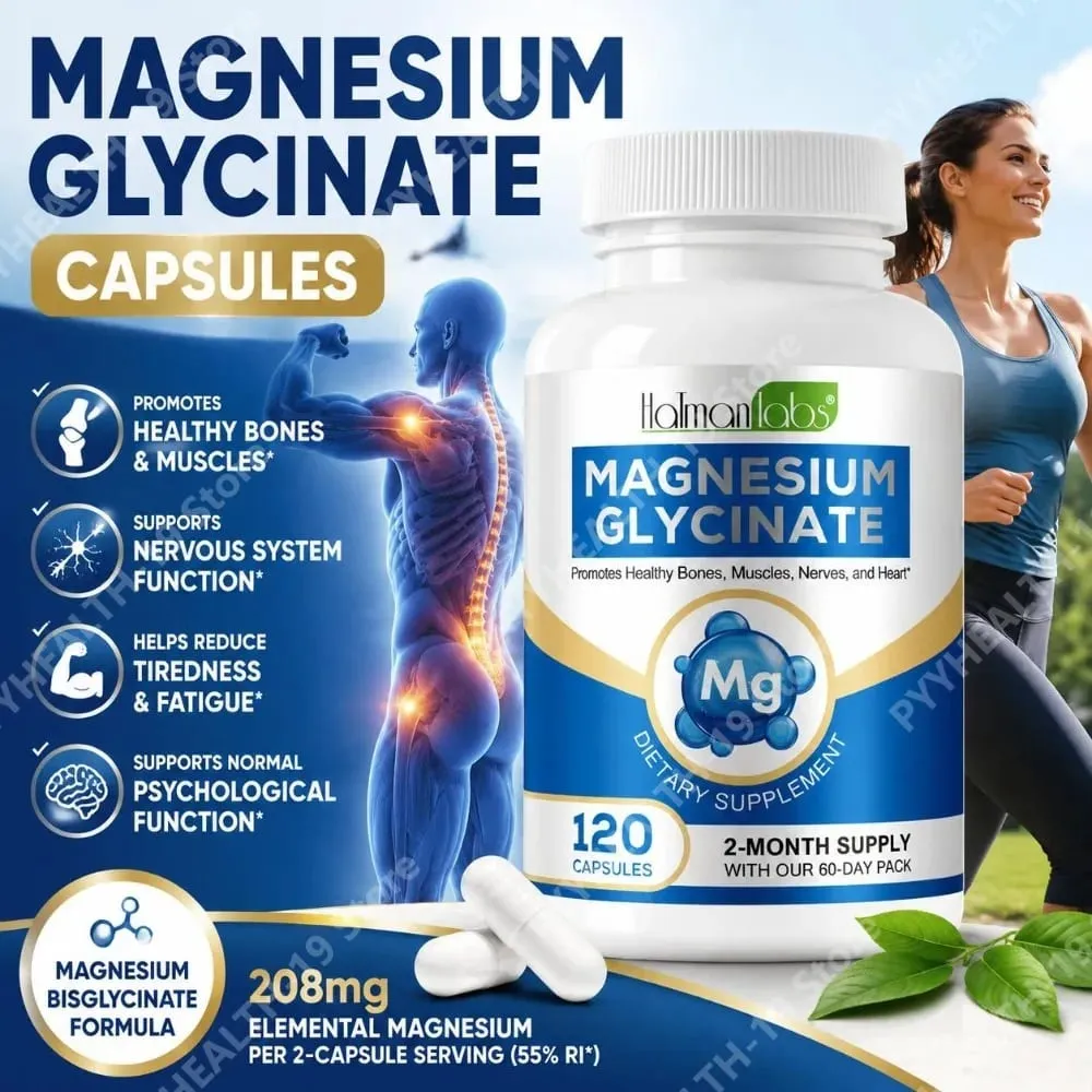 Cápsulas de glicinato de magnésio com 208mg de bisglicinato elementar para suporte ósseo, muscular e nervoso saudável, adultos 120 cápsulas