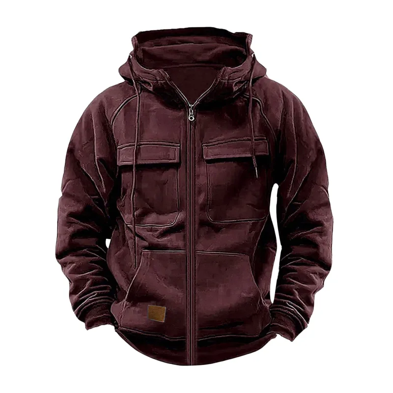 New Autumn Winter Men's Hooded Solid Hoodies Jackets Multi Pockets Male Zipper Sweatshirts Sports Outdoor Casual Hoodie Coat — image 2