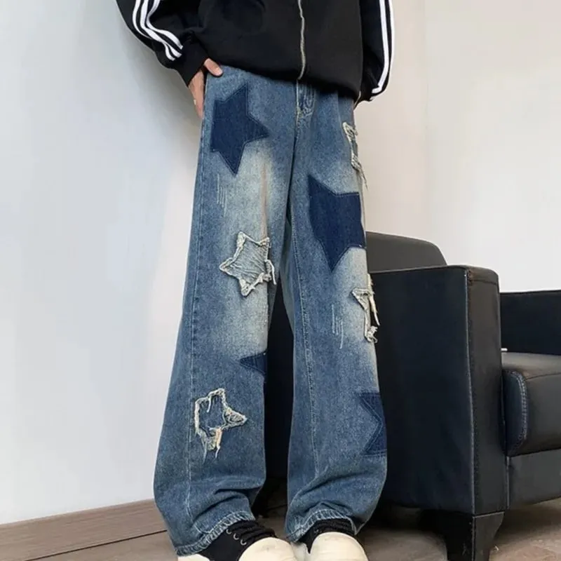 牛仔褲男直筒星星刺繡拼裝秋季牛仔褲Uomo闊腿嘻哈時尚青年中性街頭牛仔長褲