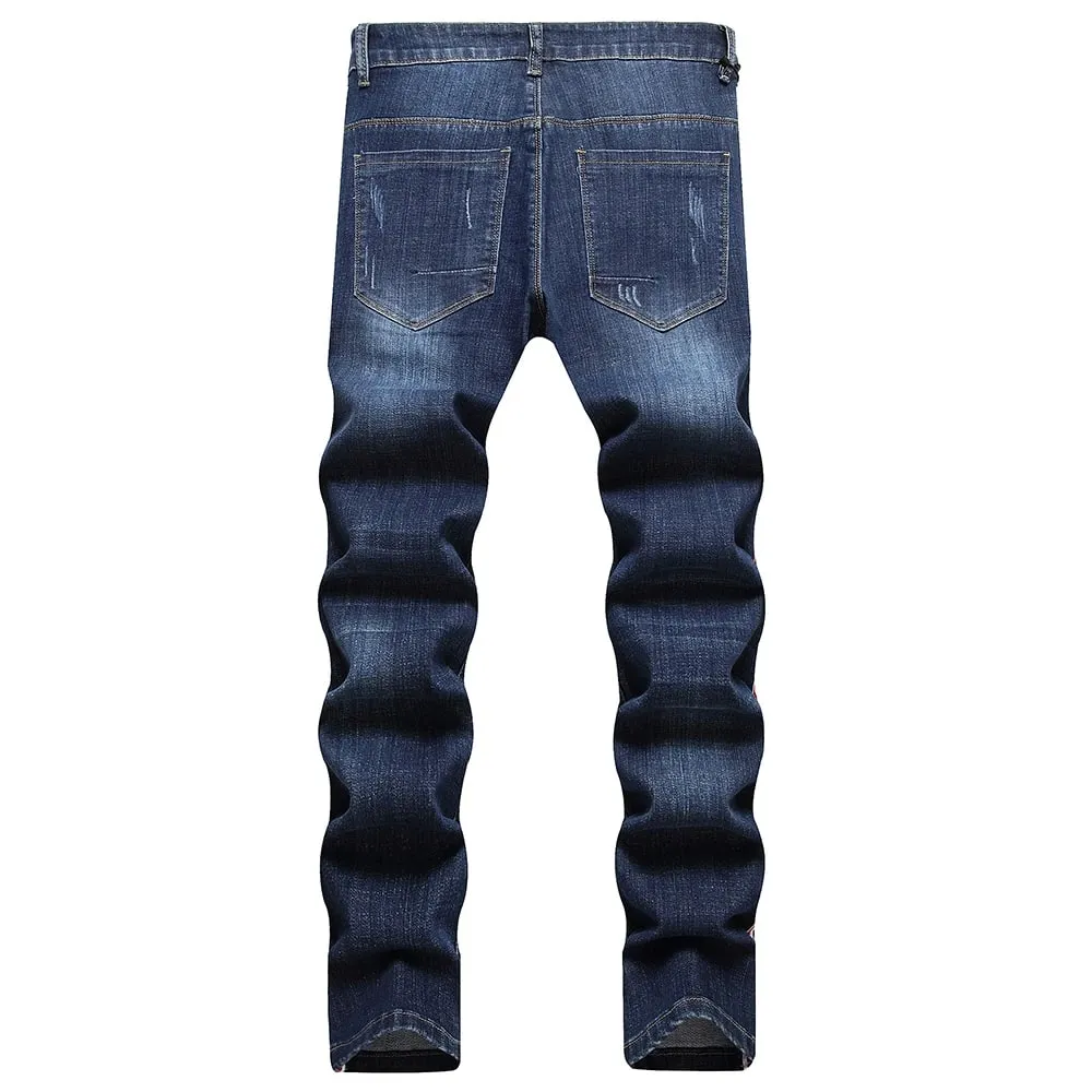 Men Side Stripe Denim Jeans Blue Stretch Washed Denim Pants Slim Straight Trousers