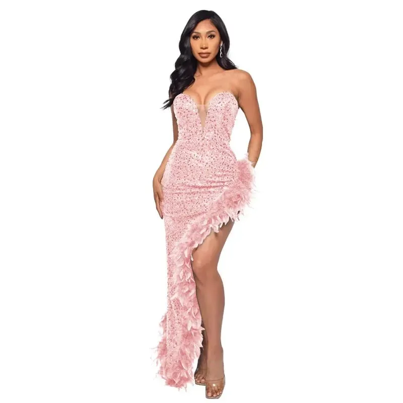 yaya feminino lantejoulas sem alças pena alta lateral divisão sem alças bodycon midi maxi vestido sexy clube até vestidos de festa