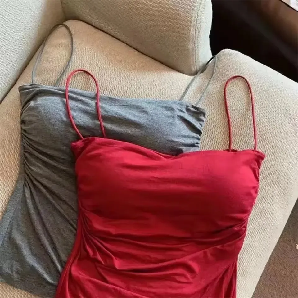 1 pc elegante cintura plissada espartilho-suporte macio fixo almofada no peito sem mangas colete sexy curto topo com alças finas cor sólida