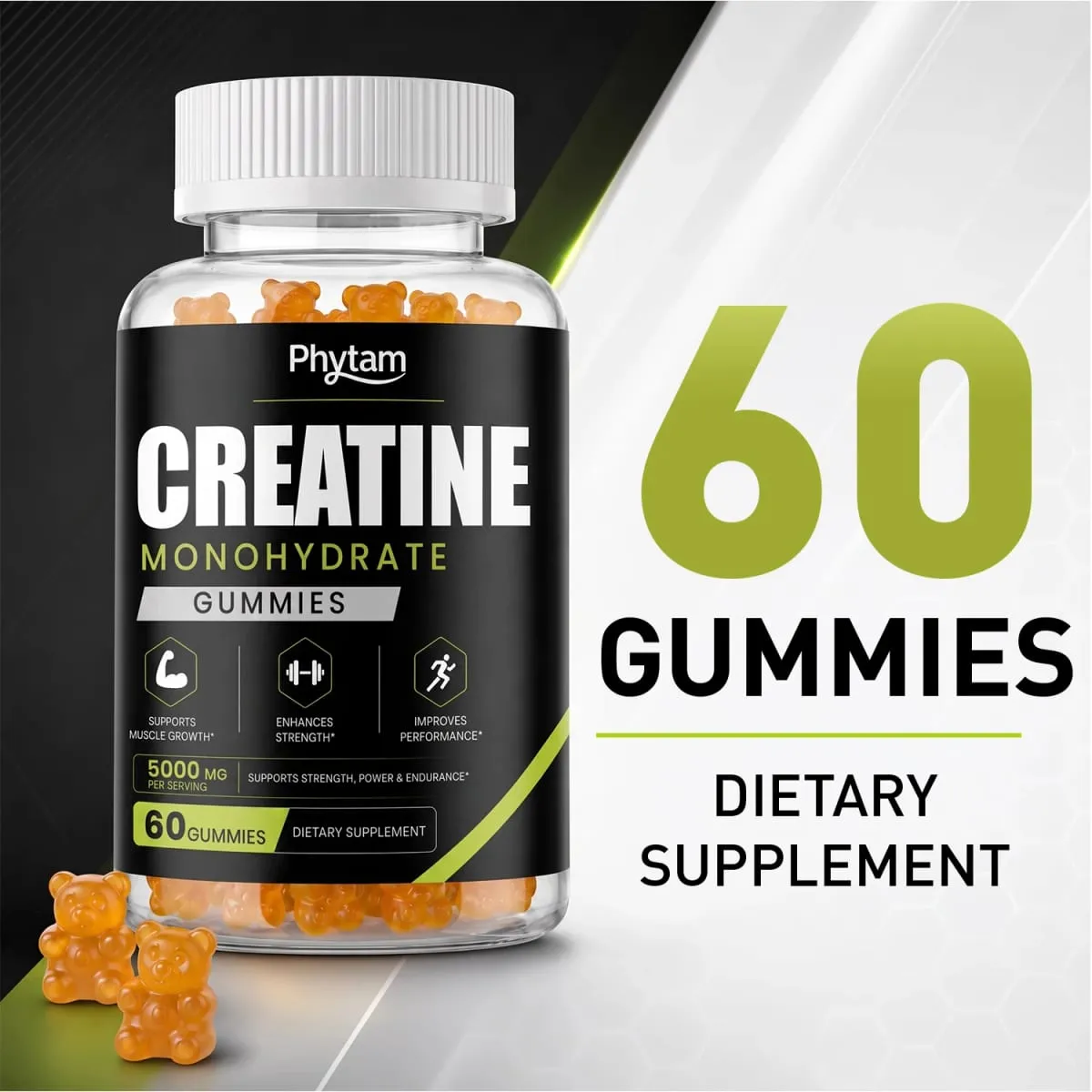 5000mg Creatina Monohidratada Bear Gummies 60 Count Mastigável Suplemento Nutricional de Treino Diário Suporta Desempenho Atlético e Manutenção Muscular