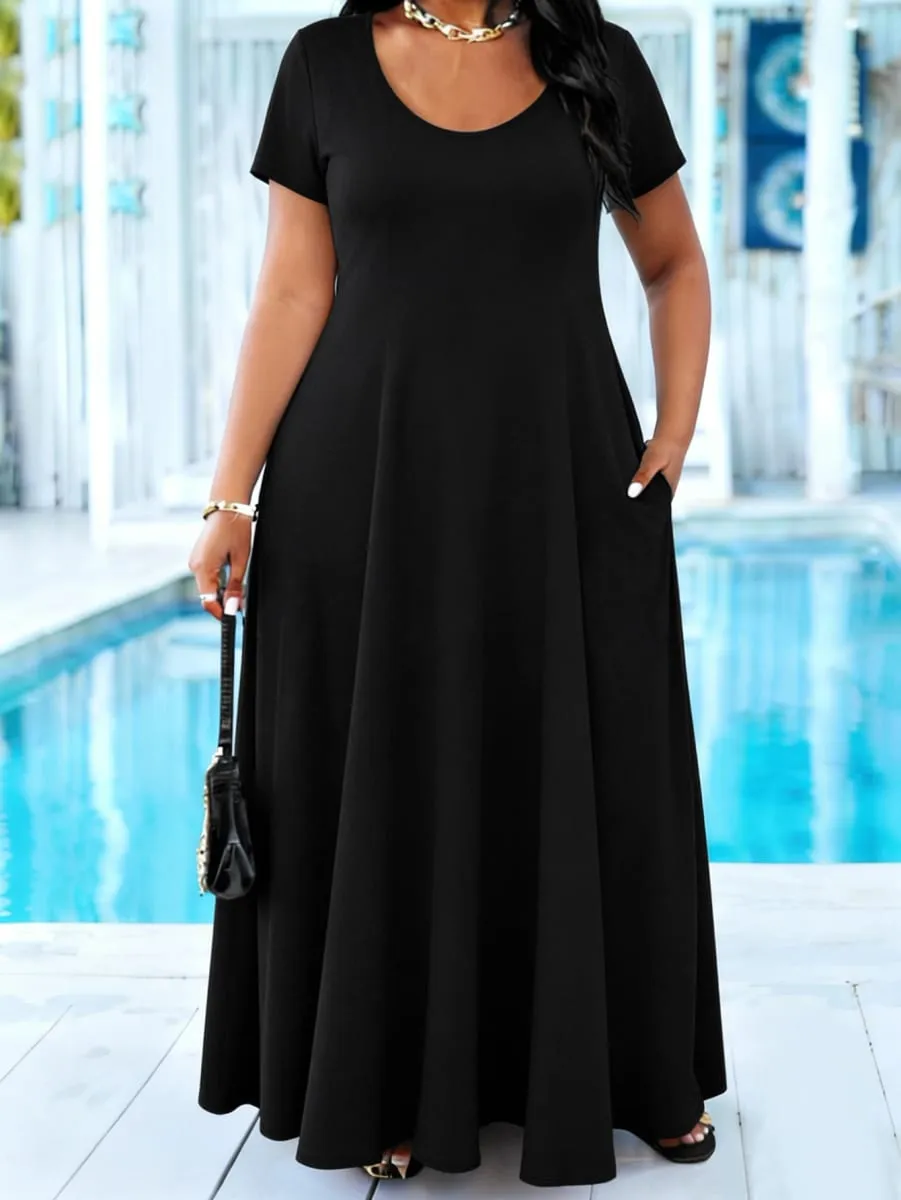 Vestido maxi preto liso feminino plus size, verão, casual, manga curta, gola redonda, vestido longo fluido com bolso, vestidos de praia