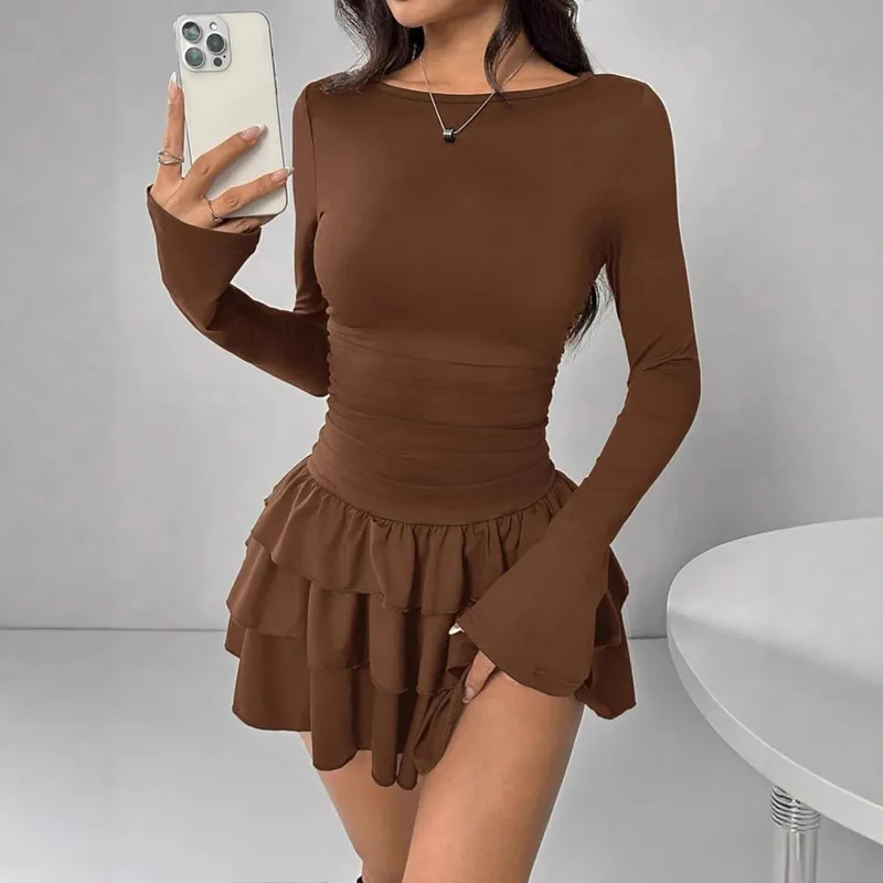 Vestidos temperamento 2025 mulher mini vestidos estilo simples elegante francês bodycon magro plissado moda manga longa deslocamento sexy — image 11