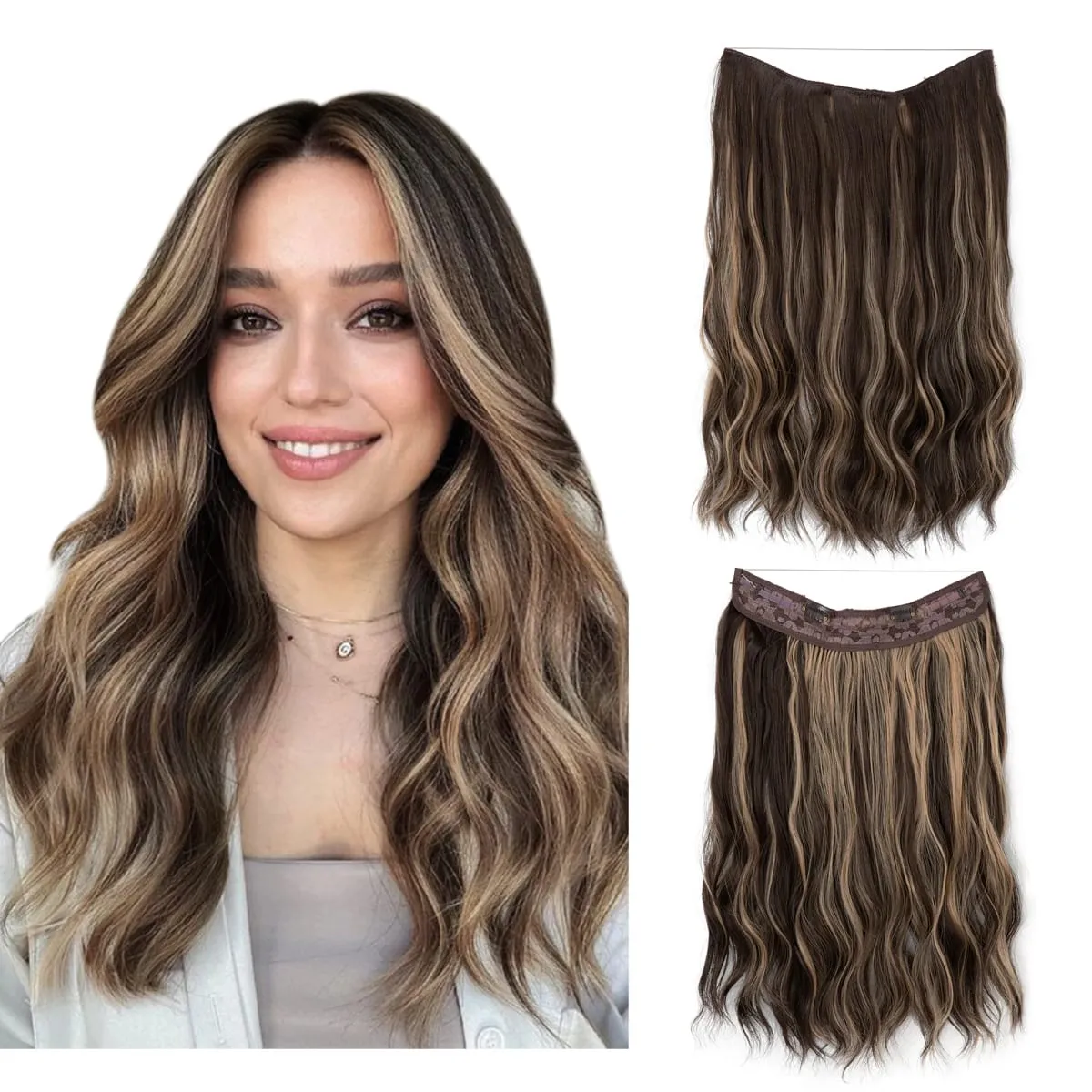 Fio invisível ondulado sintético com clipes, extensão de cabelo, linha de peixe, loiro natural, clipe em peça de cabelo falso